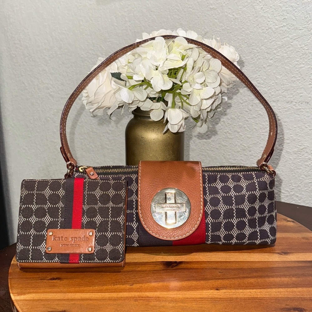 KATE SPADE Vintage Small Dual Strips Canvas Signature Logo Shoulder Bag /Wallet